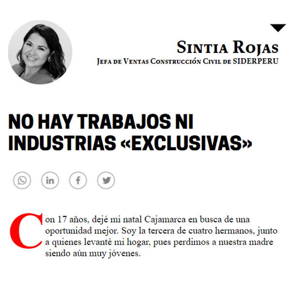NO HAY TRABAJOS NI INDUSTRIAS «EXCLUSIVAS» Sintia Rojas, Jefa de Ventas Construcción Civil de SIDERPERU
